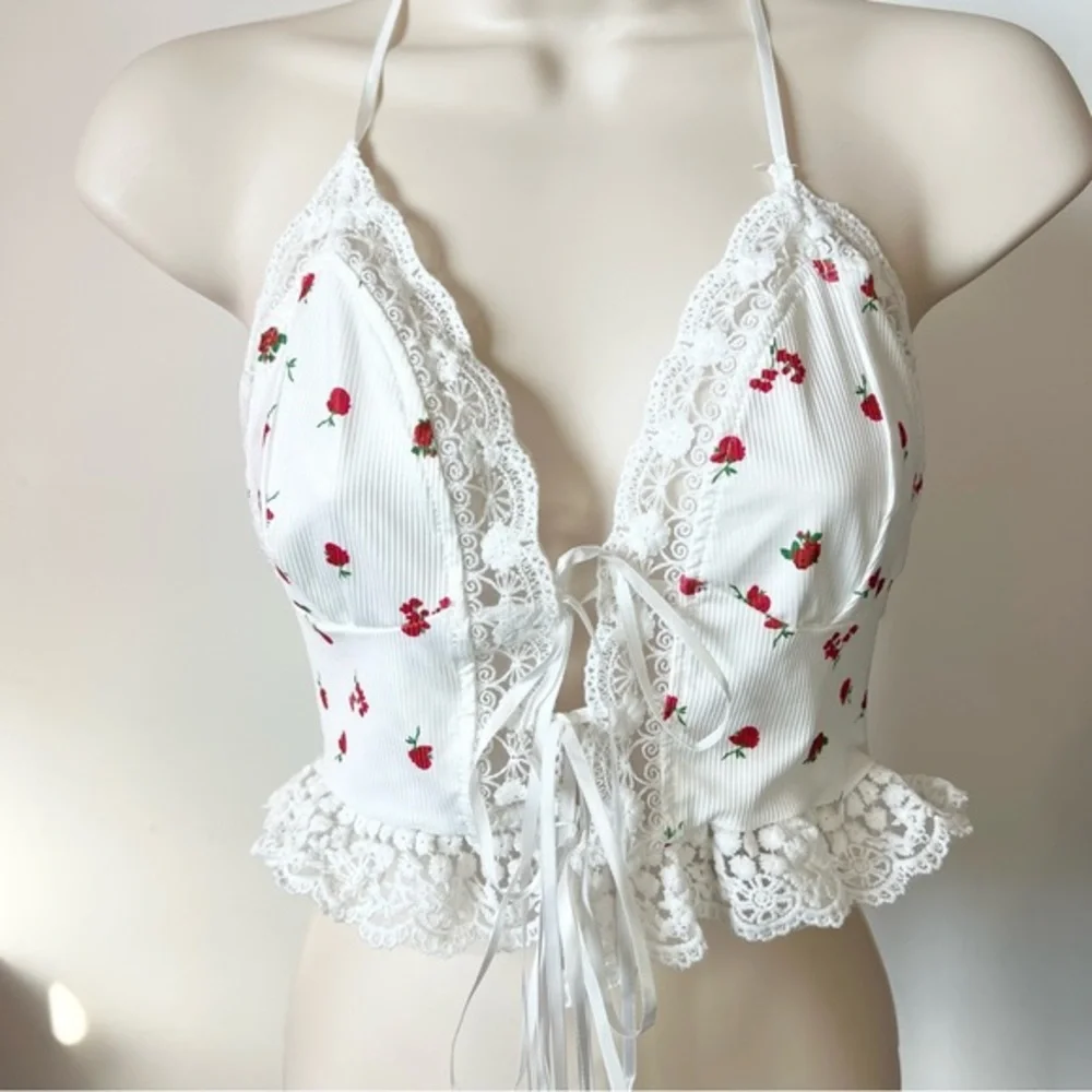 lace trim halter top white red rose adjustable ties SHEIN Size XS - Picture 2 of 8